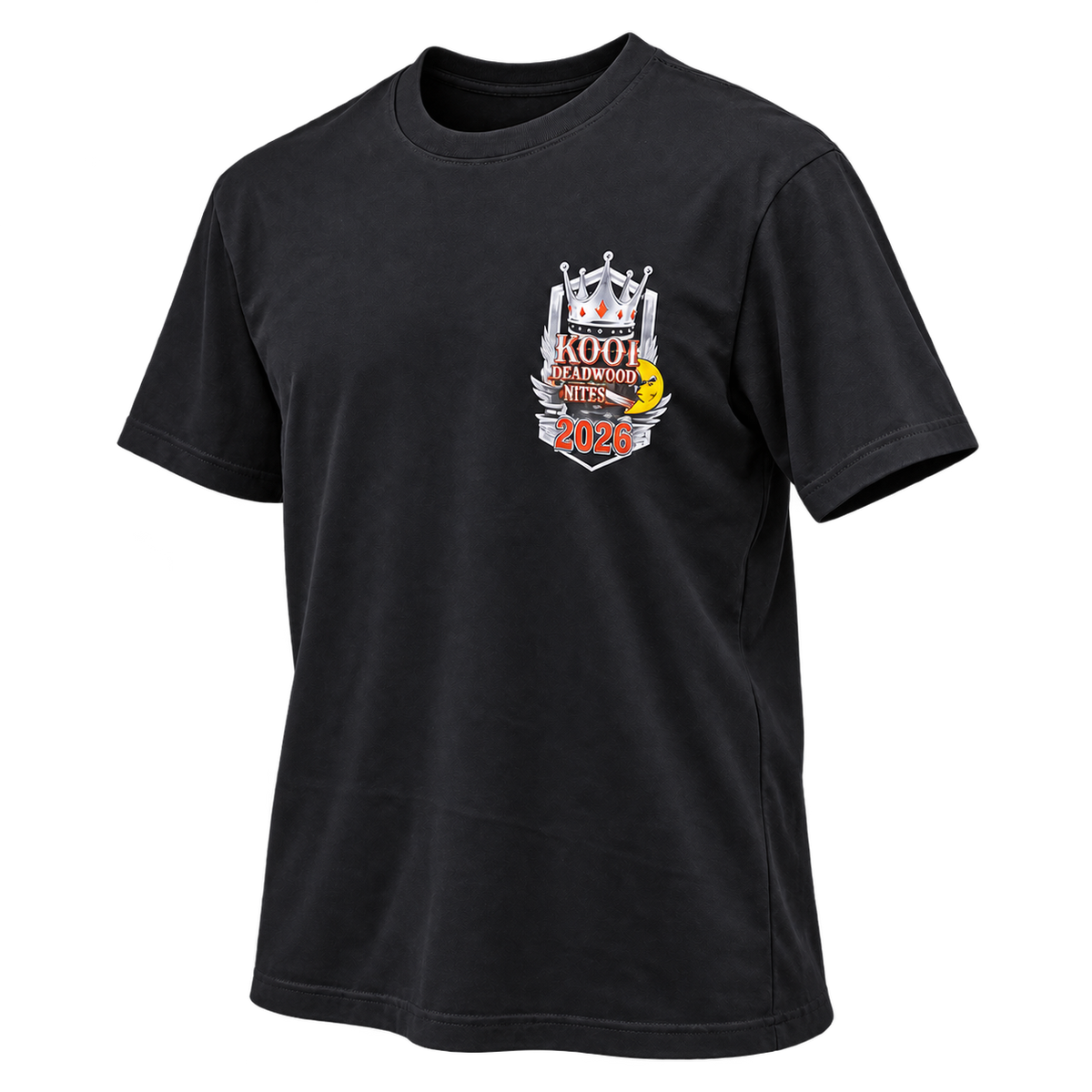 Angled front view of the 2026 Kool Deadwood Nites Official T-Shirt Black