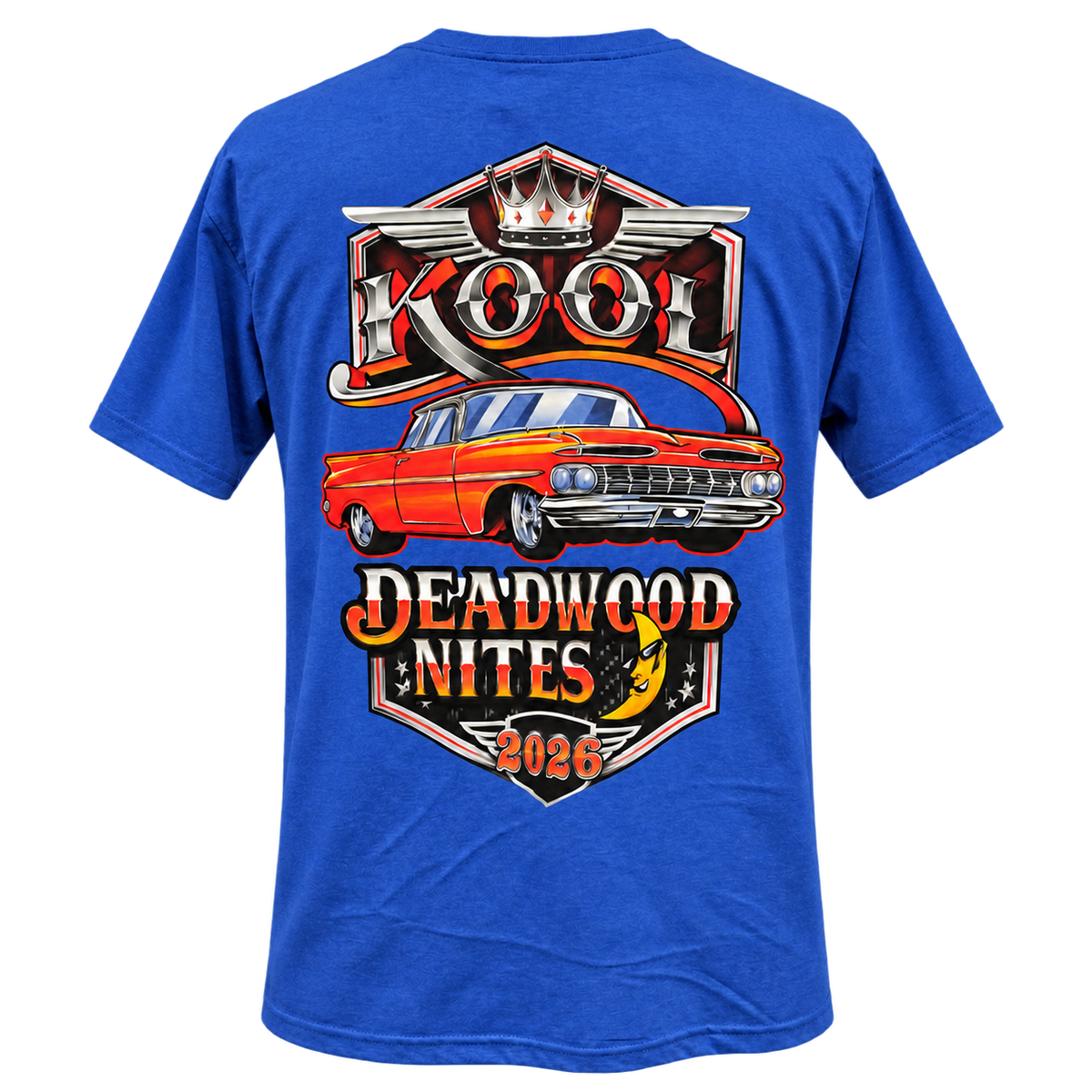 Straight-on back view of the 2026 Kool Deadwood Nites Official T-Shirt Blue