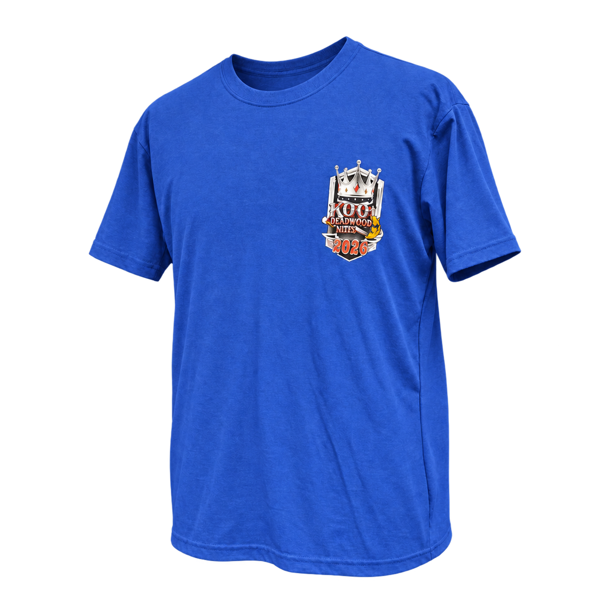 Angled front view of the 2026 Kool Deadwood Nites Official T-Shirt Blue showing the left chest logo