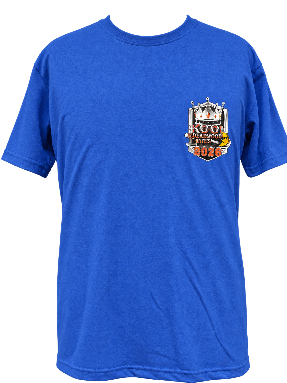 Front view of the blue 2026 Kool Deadwood Nites Official T-Shirt with left chest design