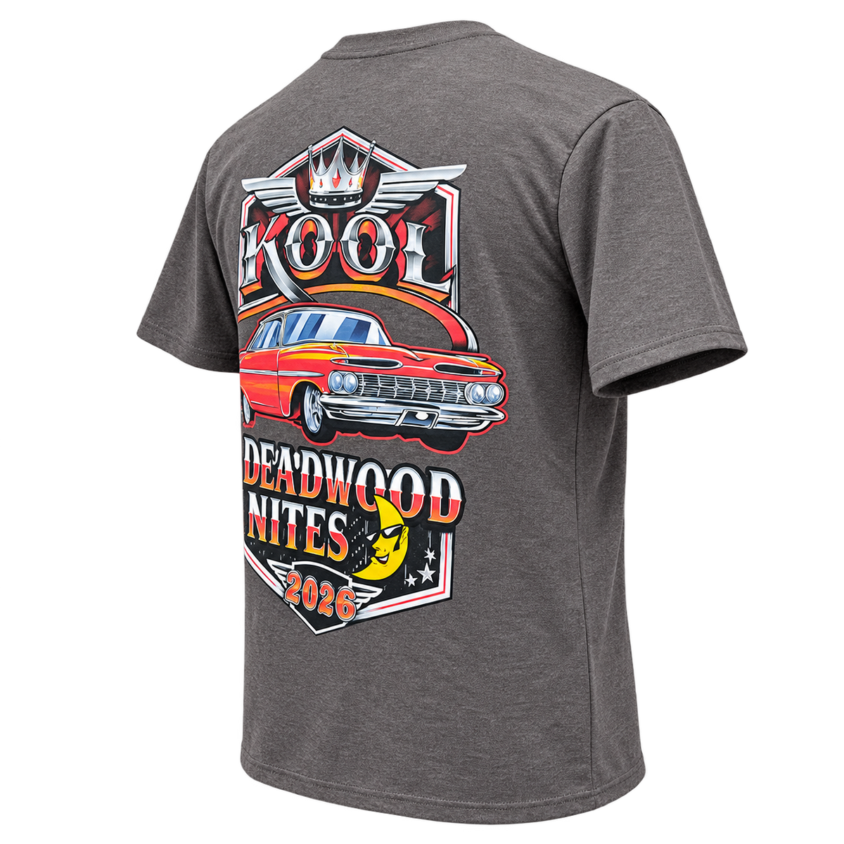 back angle 1 view of the 2026 Kool Deadwood Nites Official T-Shirt Charcoal