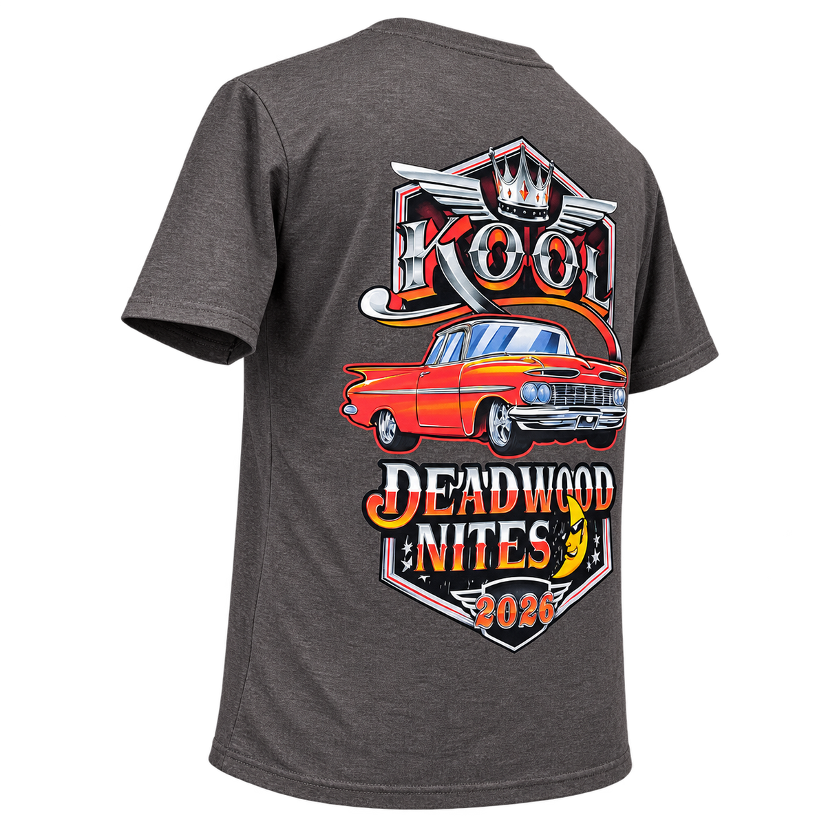 back angle 2 view of the 2026 Kool Deadwood Nites Official T-Shirt Charcoal