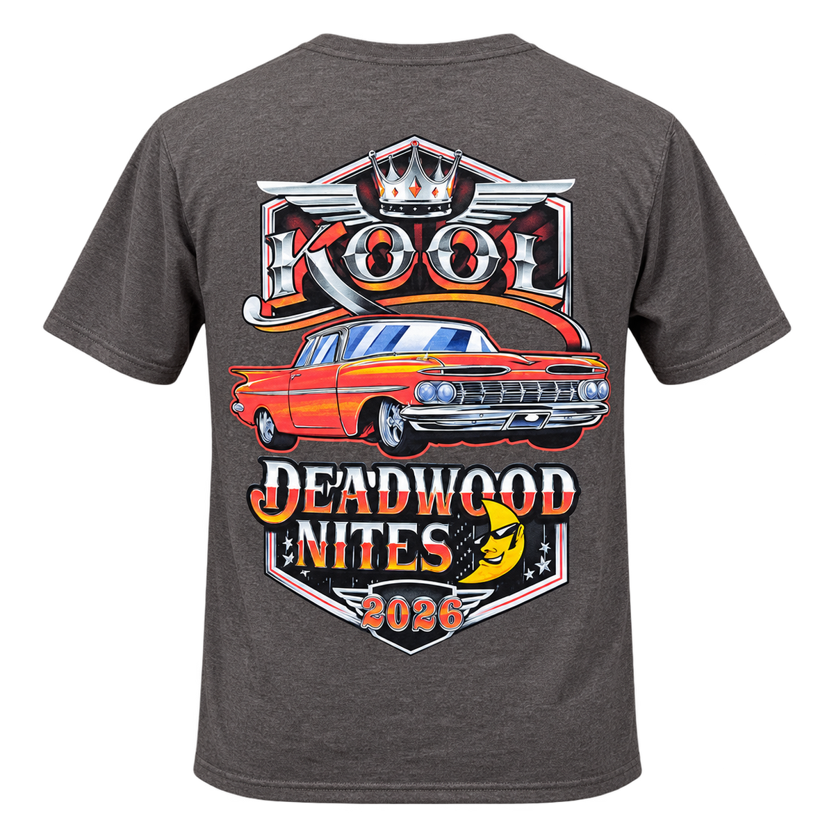 back view of the 2026 Kool Deadwood Nites Official T-Shirt Charcoal