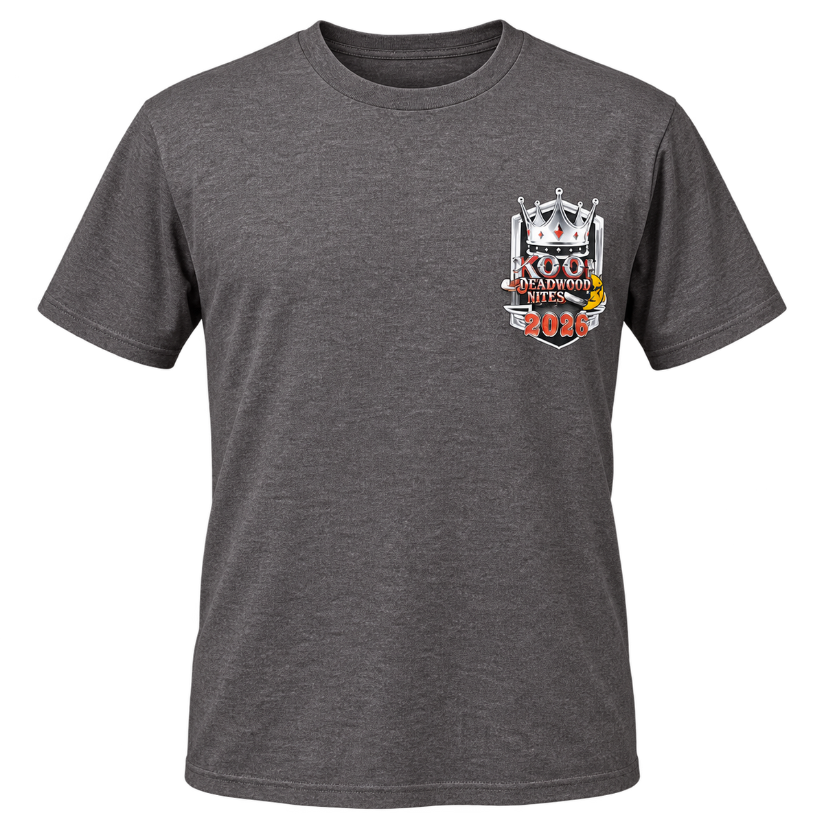 front view of the 2026 Kool Deadwood Nites Official T-Shirt Charcoal