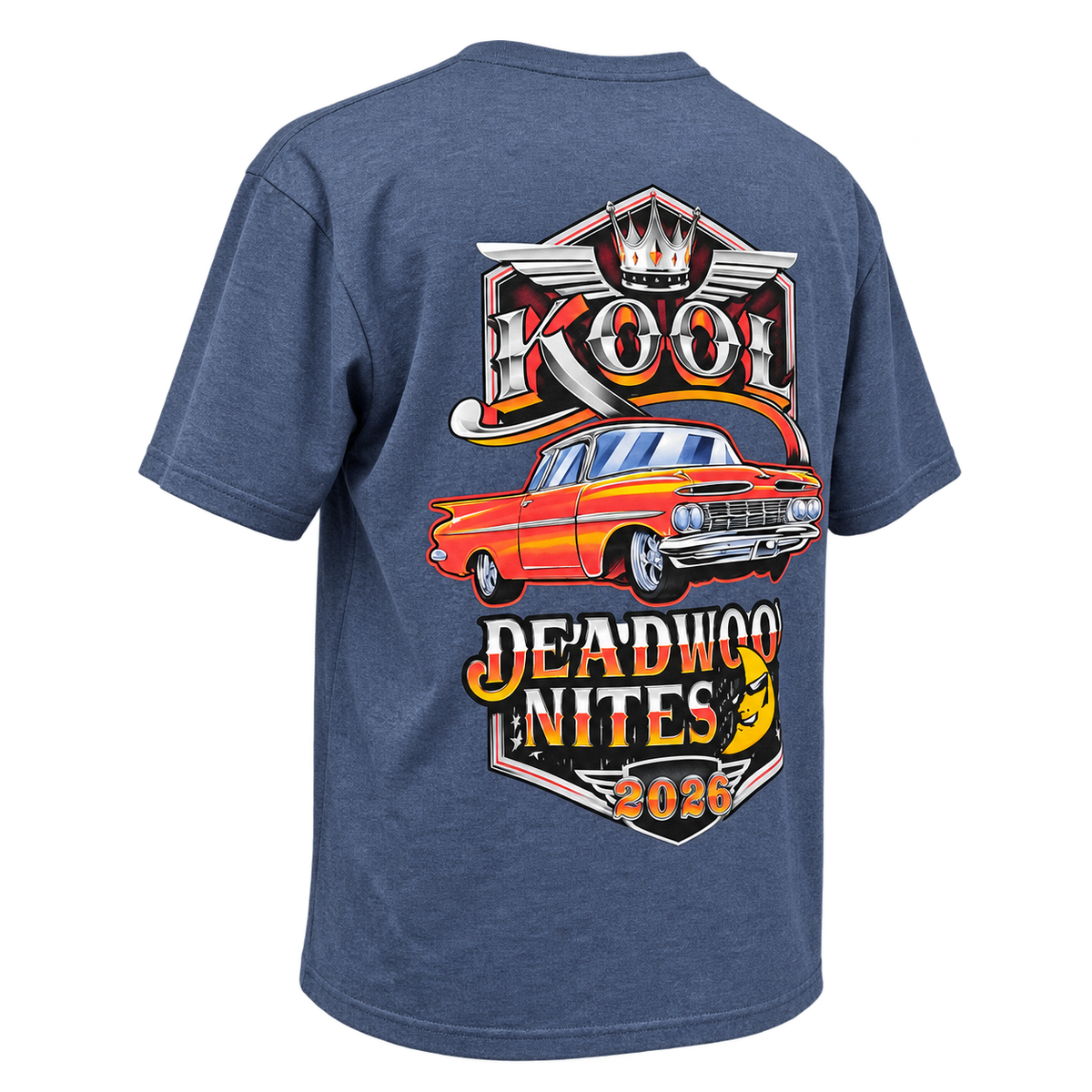 back angle view of the 2026 Kool Deadwood Nites Official T-Shirt Heather Blue