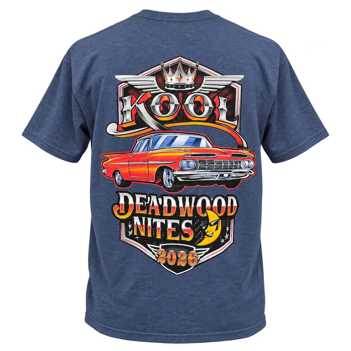 back view of the 2026 Kool Deadwood Nites Official T-Shirt Heather Blue