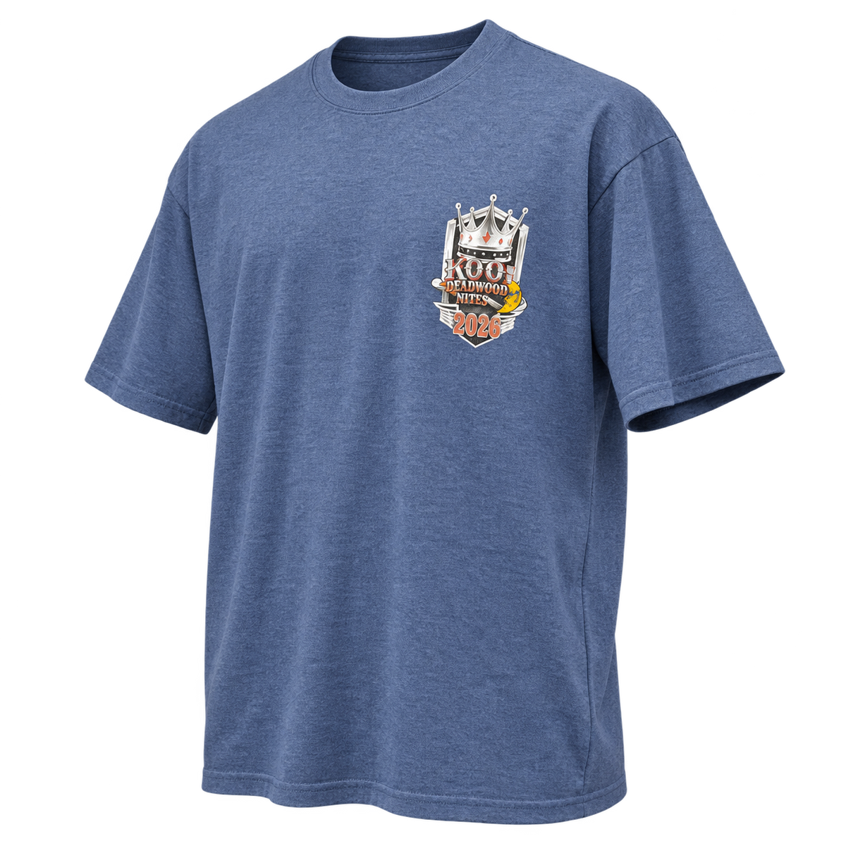 front angle view of the 2026 Kool Deadwood Nites Official T-Shirt Heather Blue
