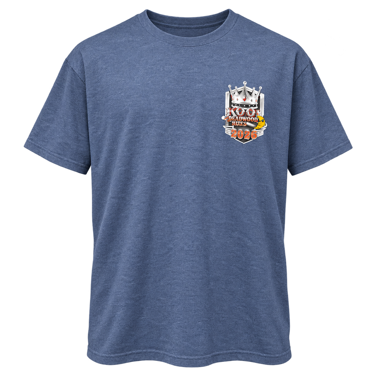 front view of the 2026 Kool Deadwood Nites Official T-Shirt Heather Blue