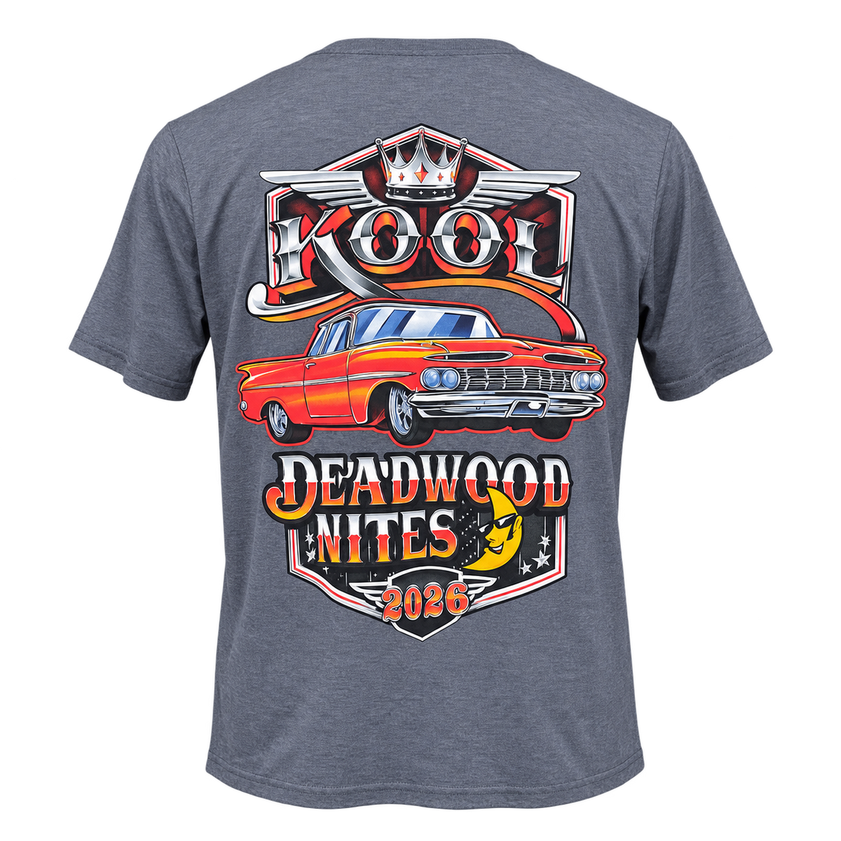 back view of the 2026 Kool Deadwood Nites Official T-Shirt Heather Gray