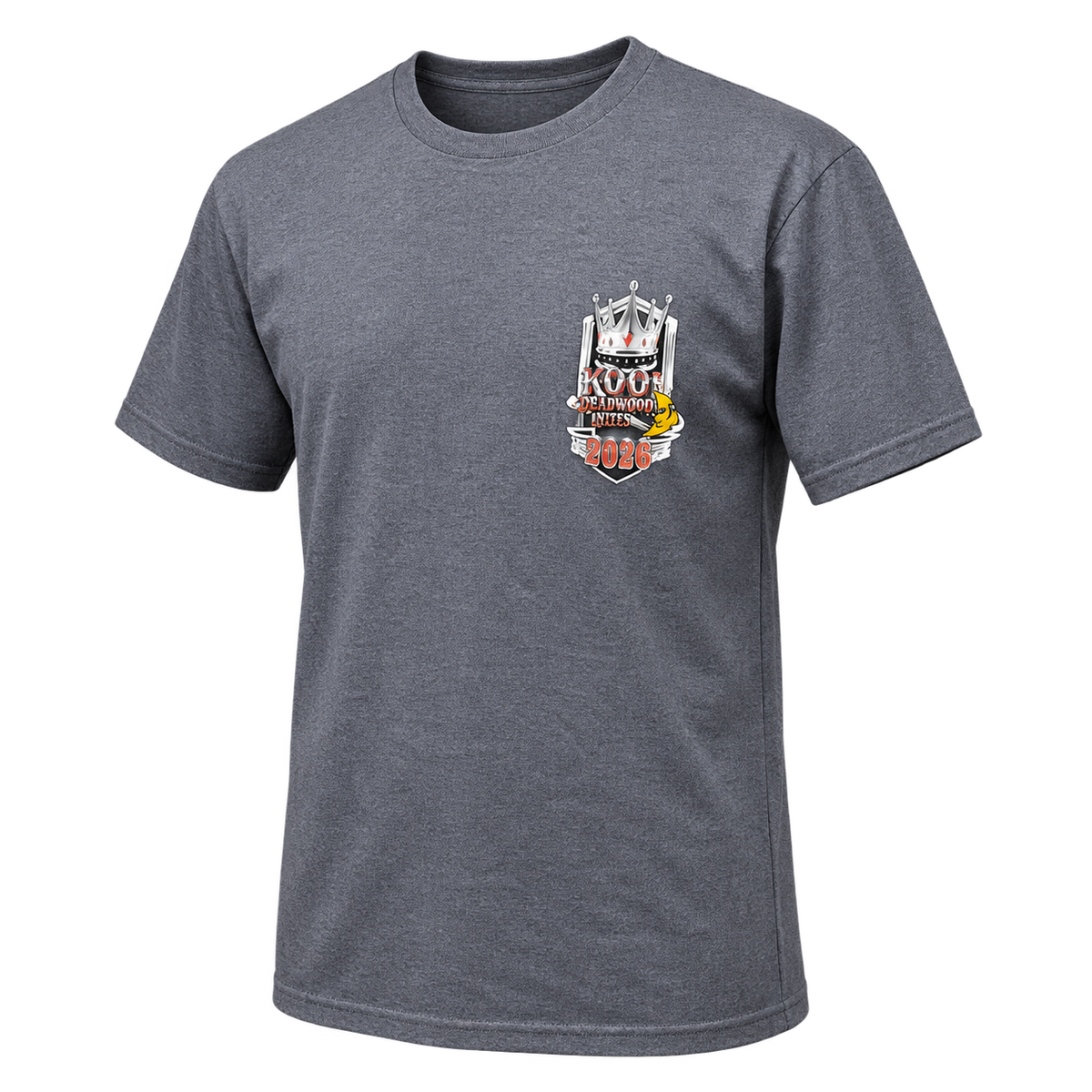 front angle view of the 2026 Kool Deadwood Nites Official T-Shirt Heather Gray