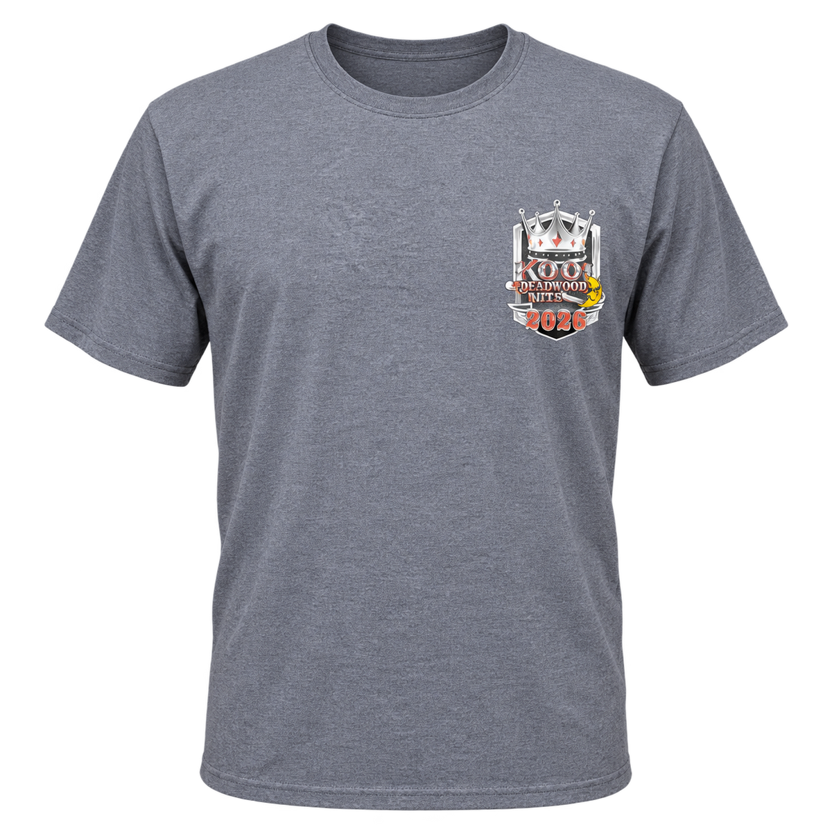 front view of the 2026 Kool Deadwood Nites Official T-Shirt Heather Gray