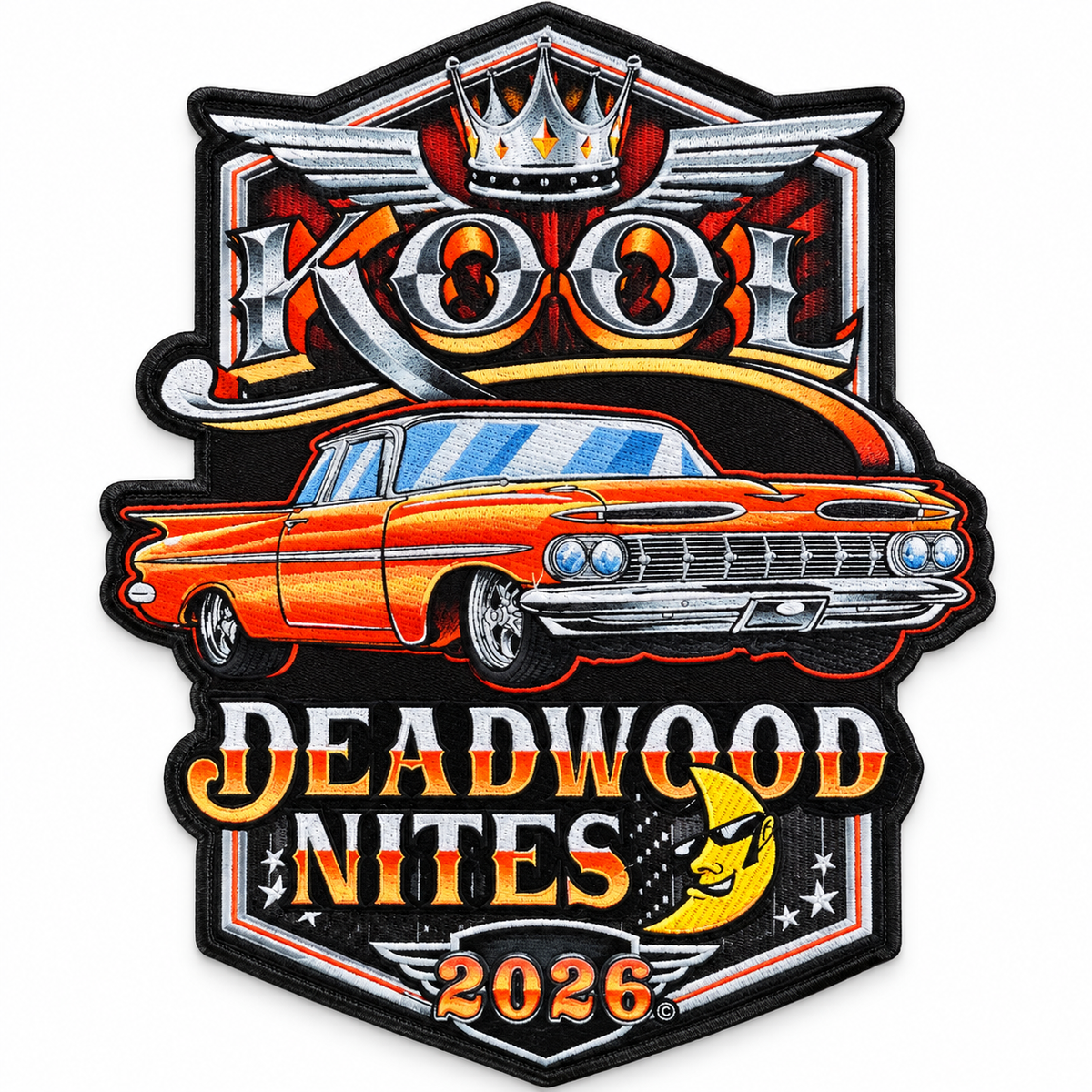 Large 2026 Kool Deadwood Nites official orange classic car patch on white background