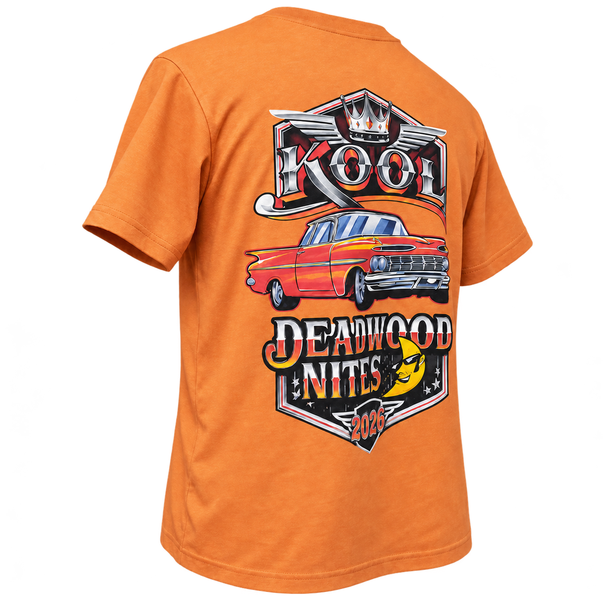 Angled back view 1 of the 2026 Kool Deadwood Nites Official T-Shirt Orange
