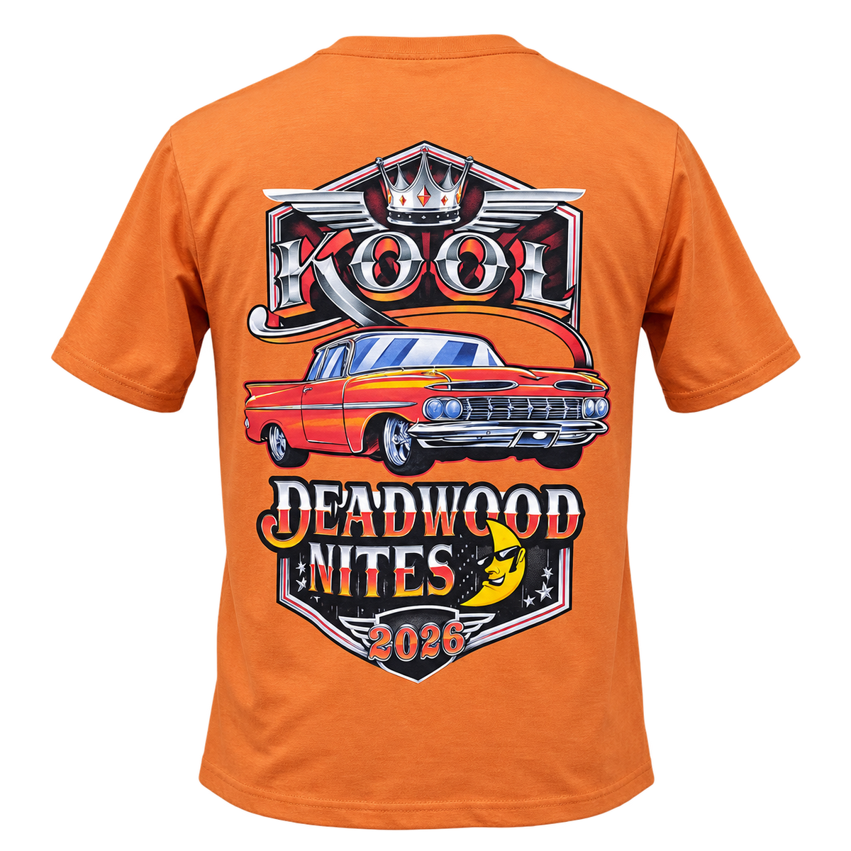 Back view of the 2026 Kool Deadwood Nites Official T-Shirt Orange