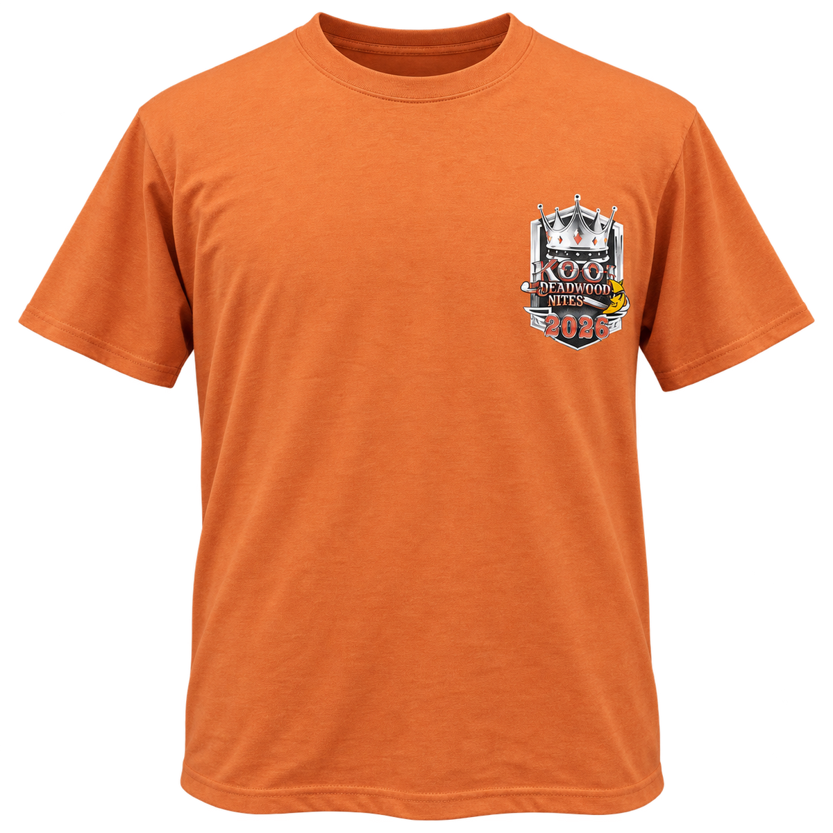 Front view of the 2026 Kool Deadwood Nites Official T-Shirt Orange