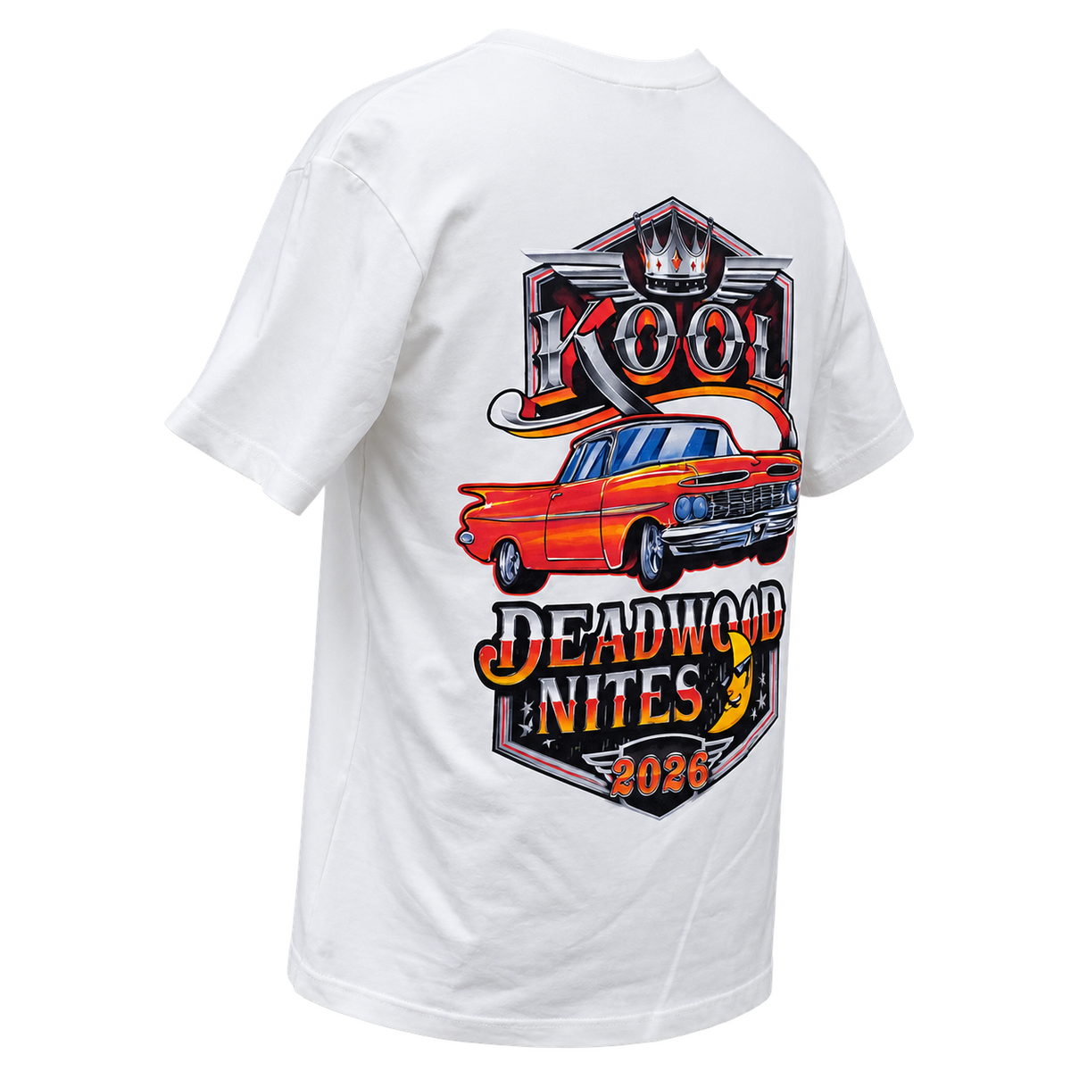 Three-quarter back view of the 2026 Kool Deadwood Nites Official T-Shirt White