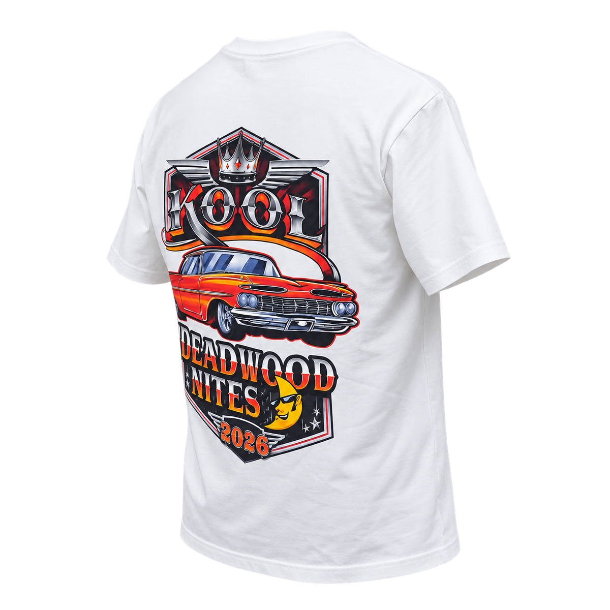 Opposite three-quarter back view of the 2026 Kool Deadwood Nites Official T-Shirt White