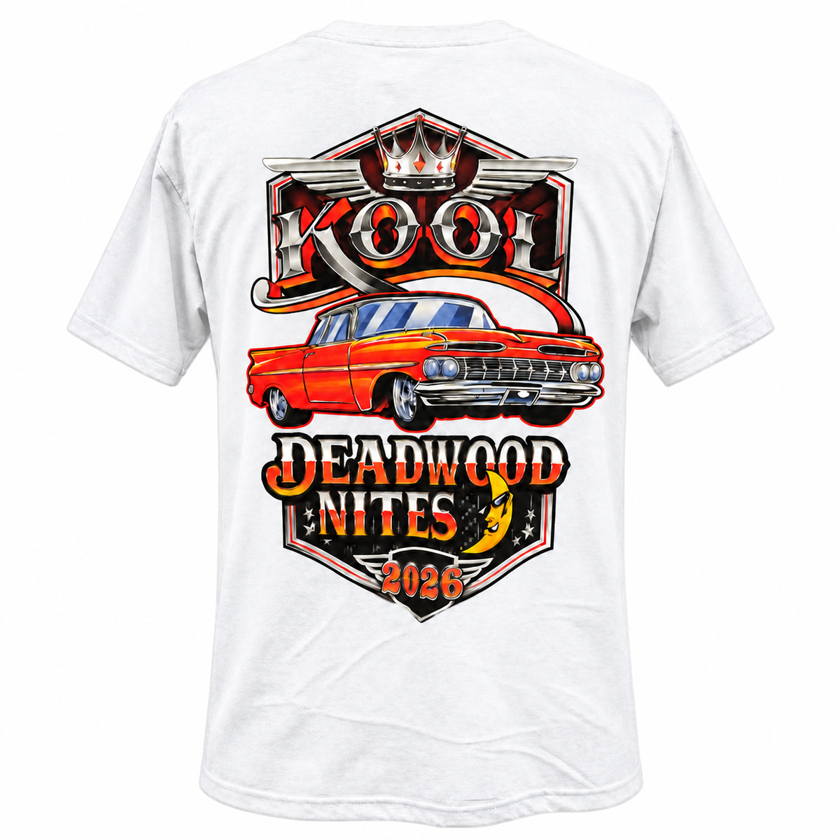Straight-on back view of the white 2026 Kool Deadwood Nites T-shirt with standardized catalog framing