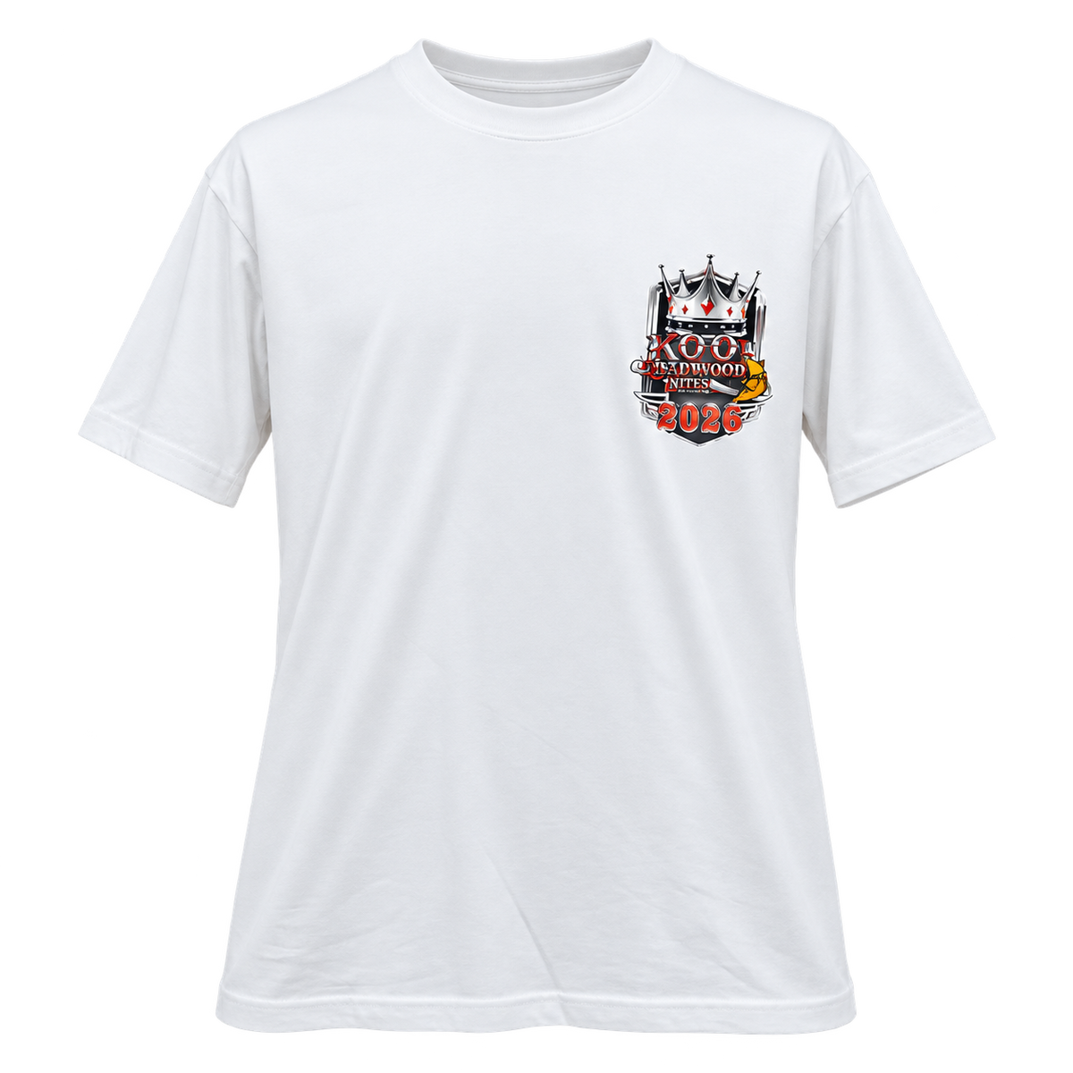 Front view of the 2026 Kool Deadwood Nites Official T-Shirt White