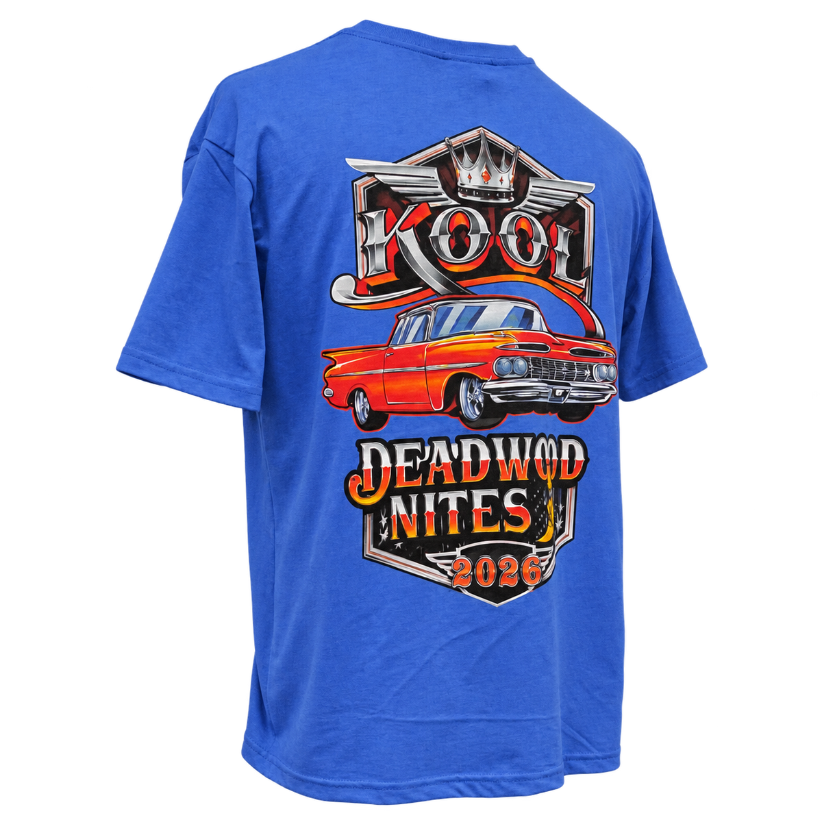 Back view of the blue 2026 Kool Deadwood Nites Official T-Shirt with classic car artwork