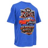 Back view of the blue 2026 Kool Deadwood Nites Official T-Shirt with classic car artwork