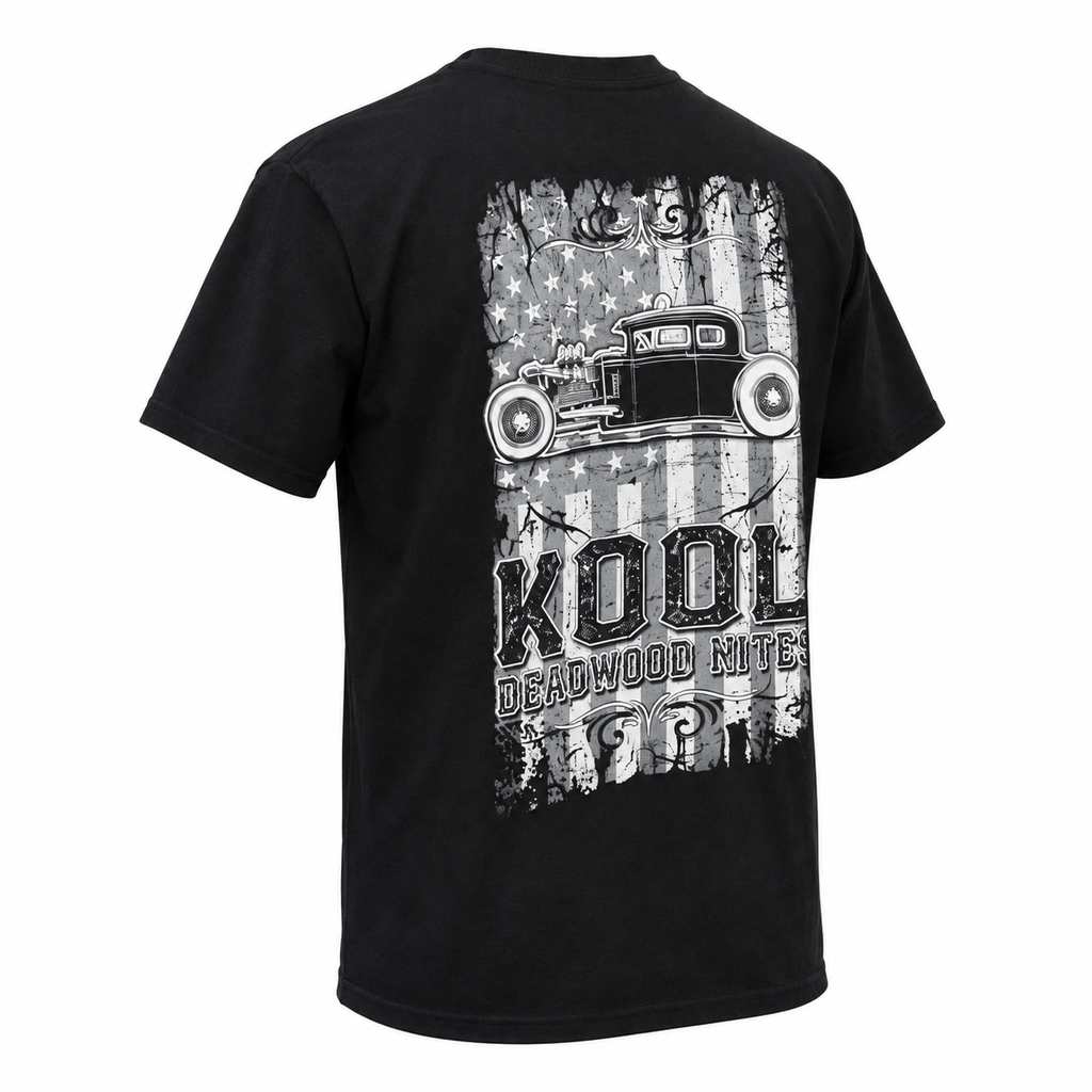 Black Kool Deadwood Nites American Flag Hot Rod T-shirt back angle view