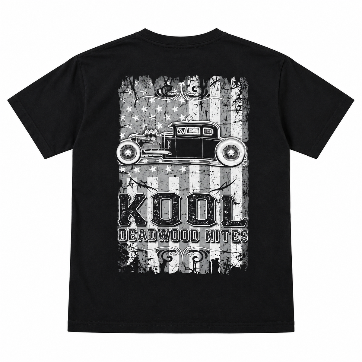 Black Kool Deadwood Nites American Flag Hot Rod T-shirt back view