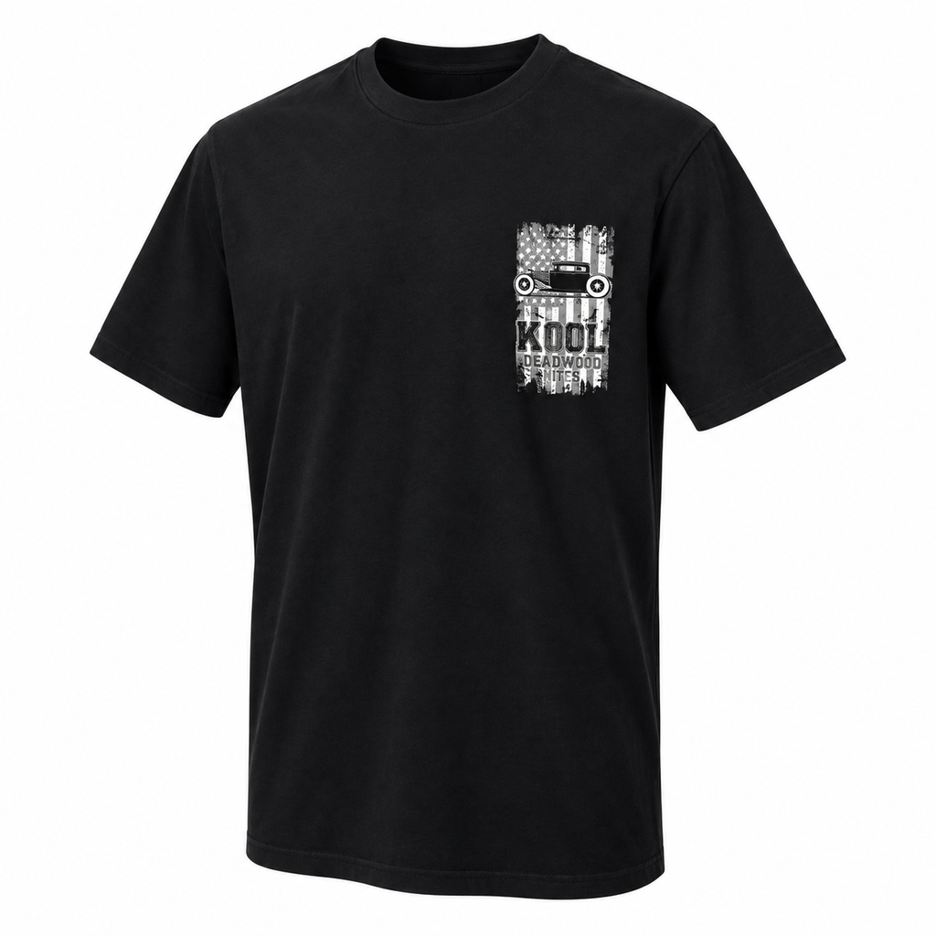 Black Kool Deadwood Nites American Flag Hot Rod T-shirt front angle view