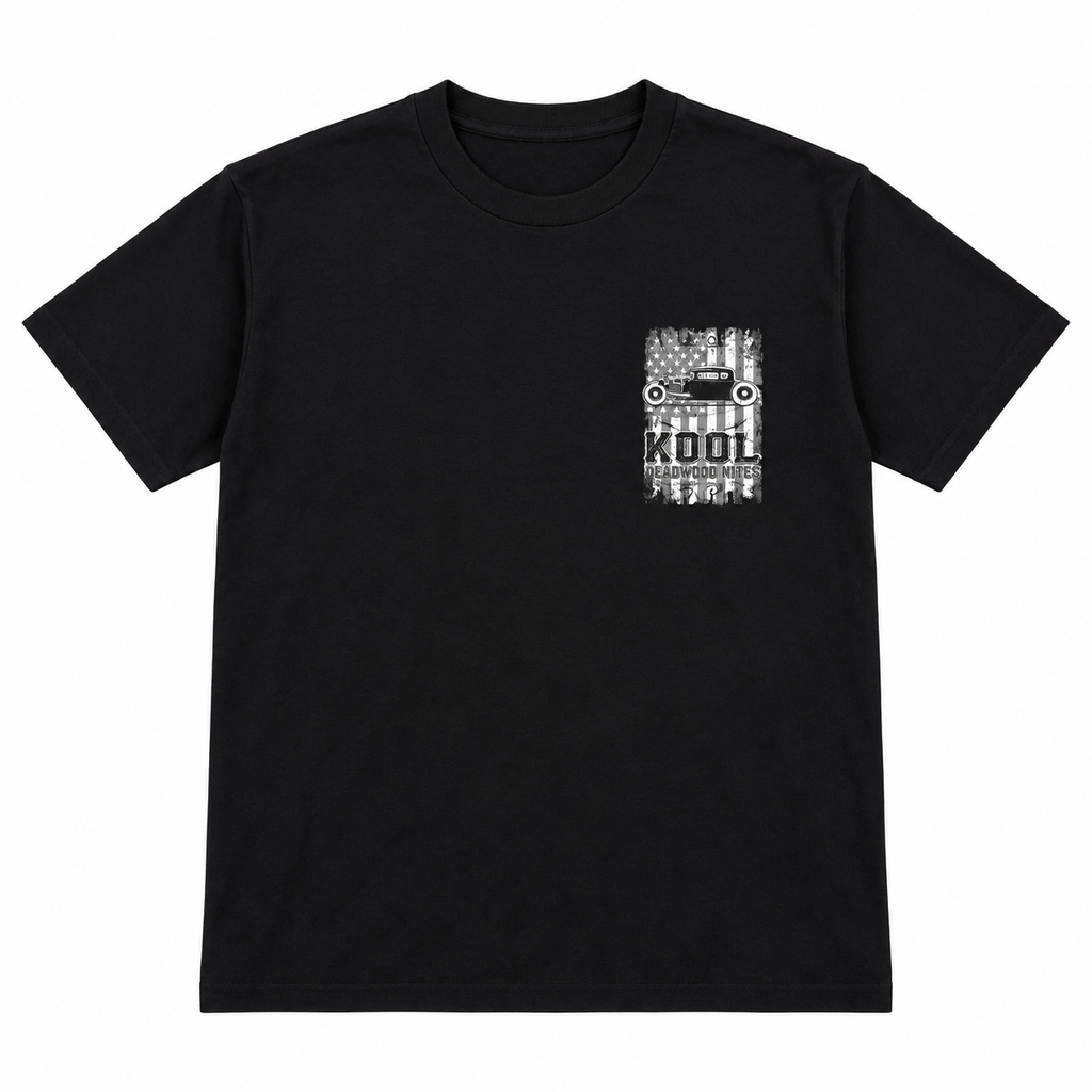 Black Kool Deadwood Nites American Flag Hot Rod T-shirt front view