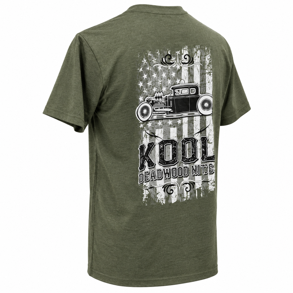 Olive green Kool Deadwood Nites American Flag Hot Rod T-shirt back angle view