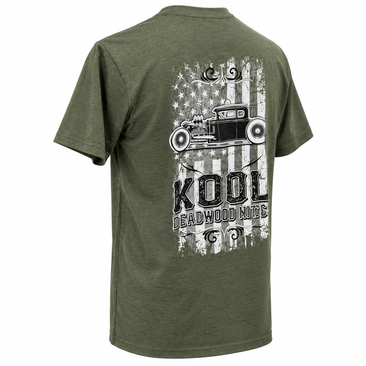 Olive green Kool Deadwood Nites American Flag Hot Rod T-shirt back angle view