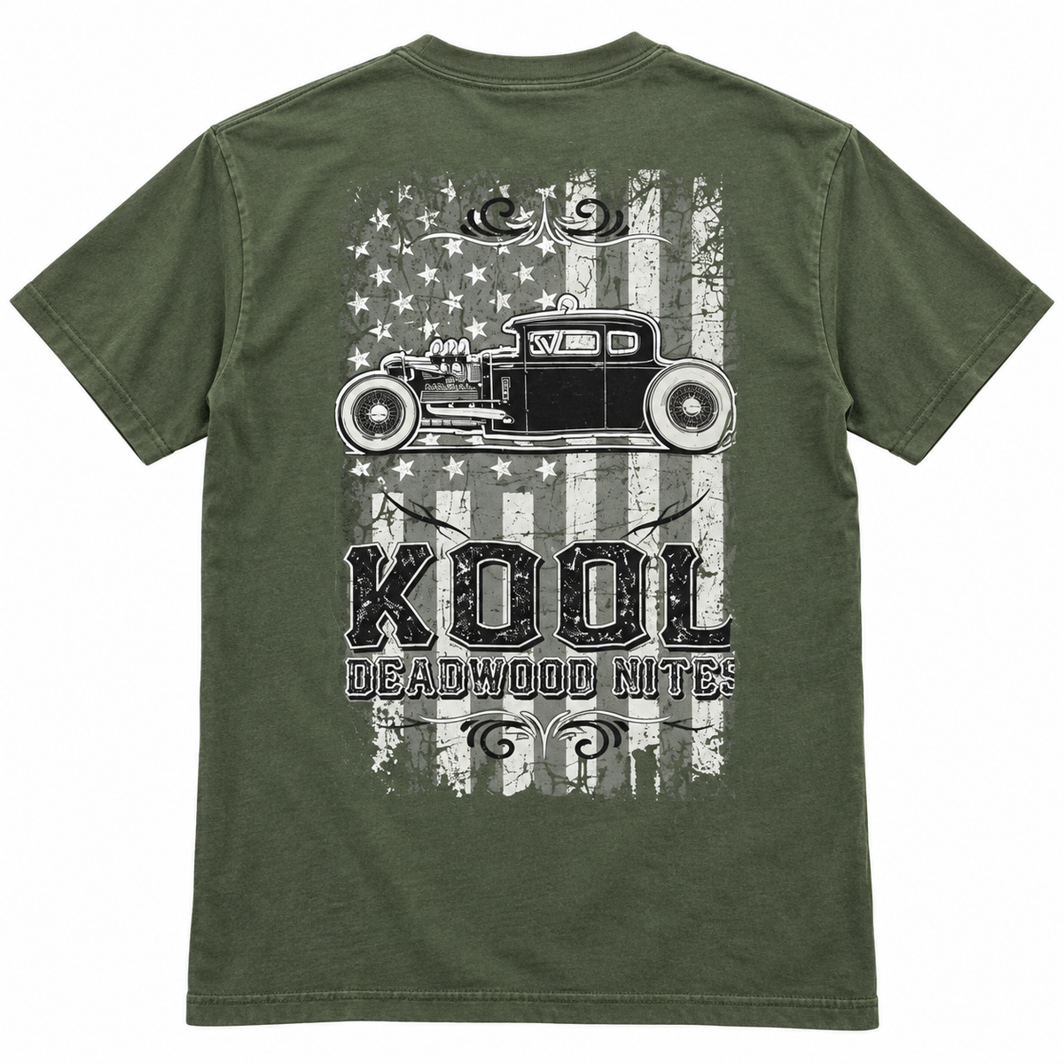 Olive green Kool Deadwood Nites American Flag Hot Rod T-shirt back view