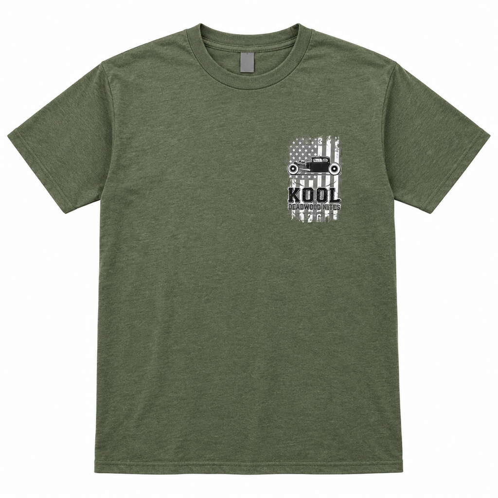 Olive green Kool Deadwood Nites American Flag Hot Rod T-shirt front view