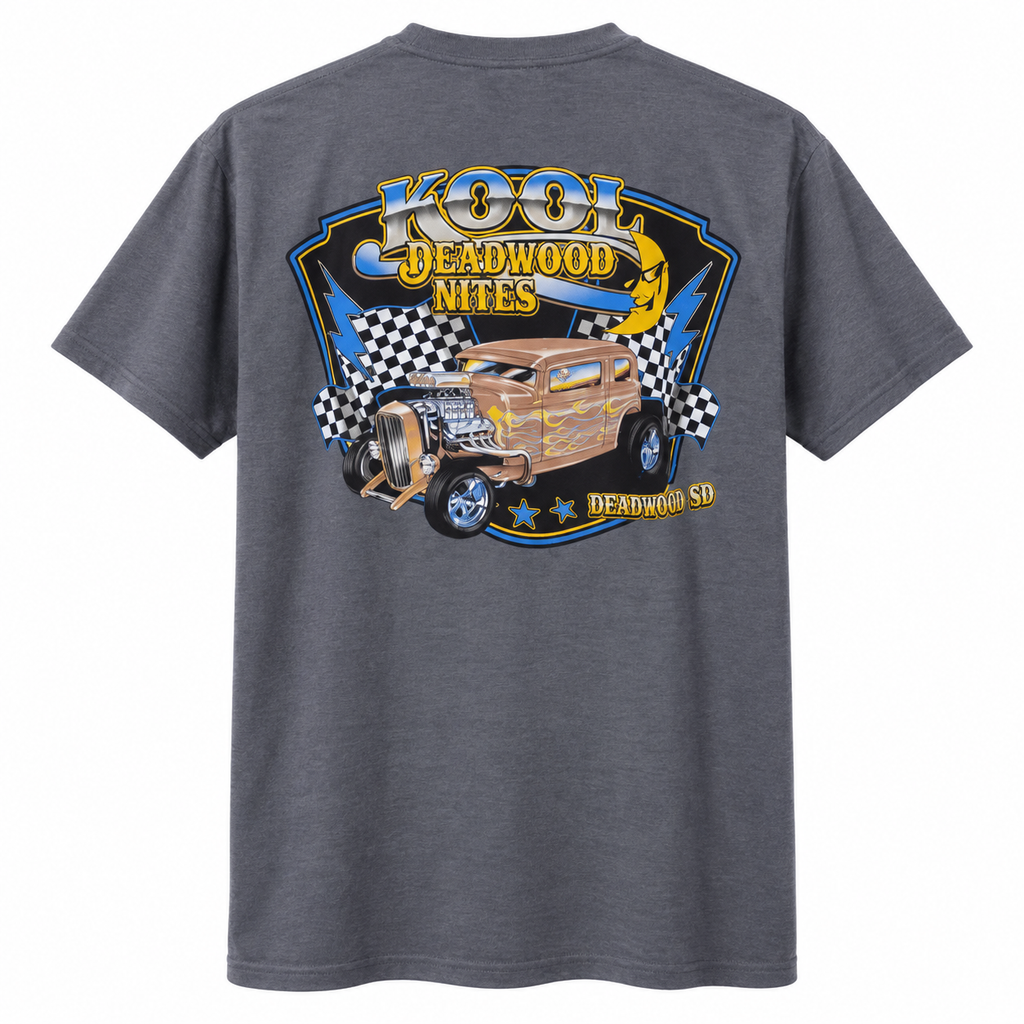Kool Deadwood Nites Checkered Flag Hot Rod T-Shirt – Gray back view