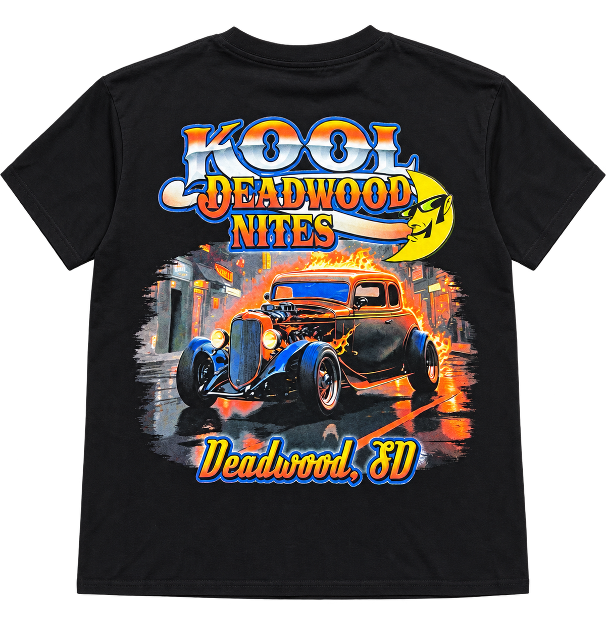 Back view of non-dated Kool Deadwood Nites Flame Hot Rod black T-shirt