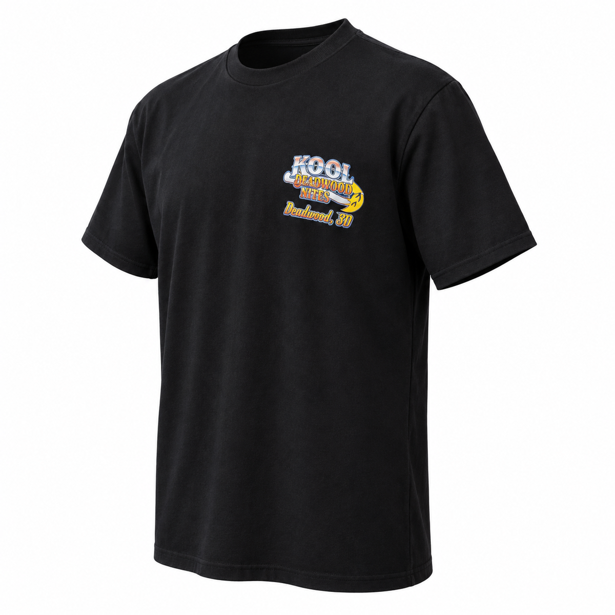 Black Kool Deadwood Nites Flame Hot Rod T-shirt front angle left view