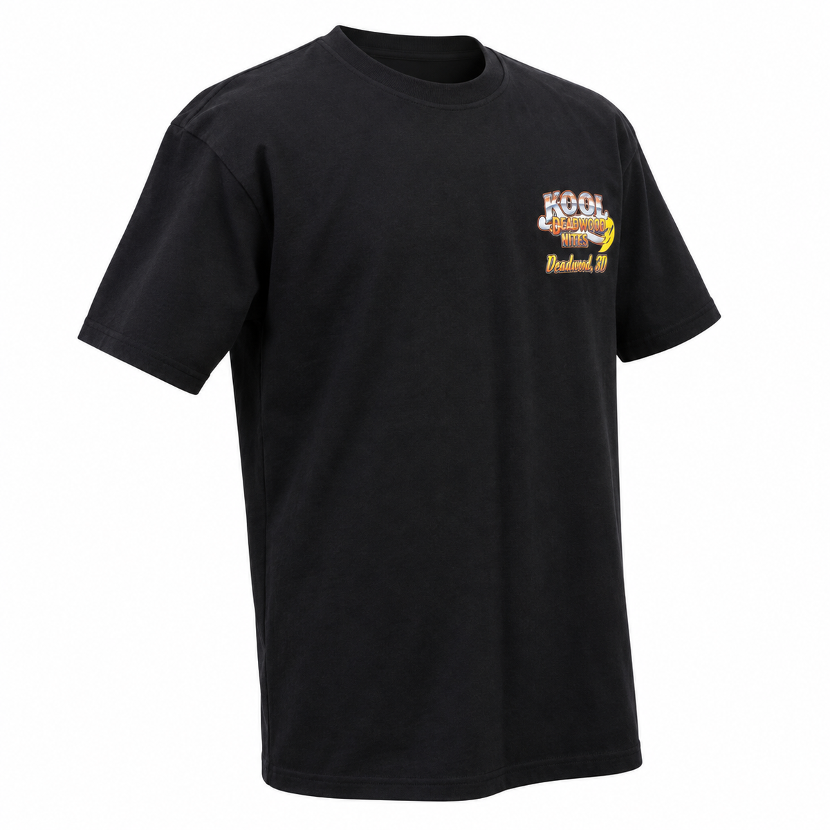 Black Kool Deadwood Nites Flame Hot Rod T-shirt front angle right view