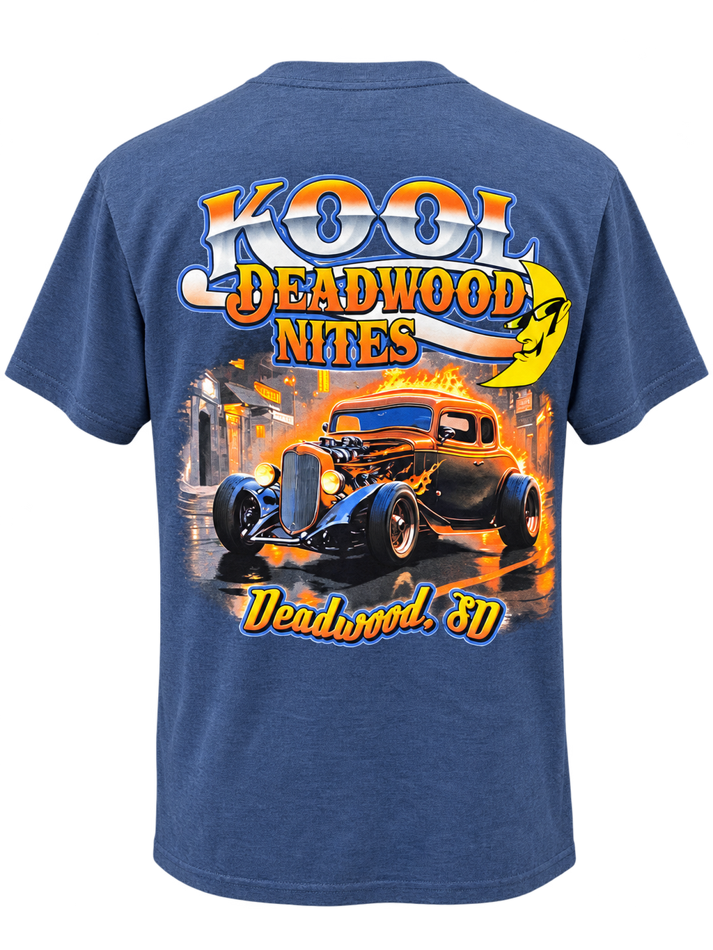back view of Kool Deadwood Nites non-dated Flame Hot Rod heather blue T-shirt