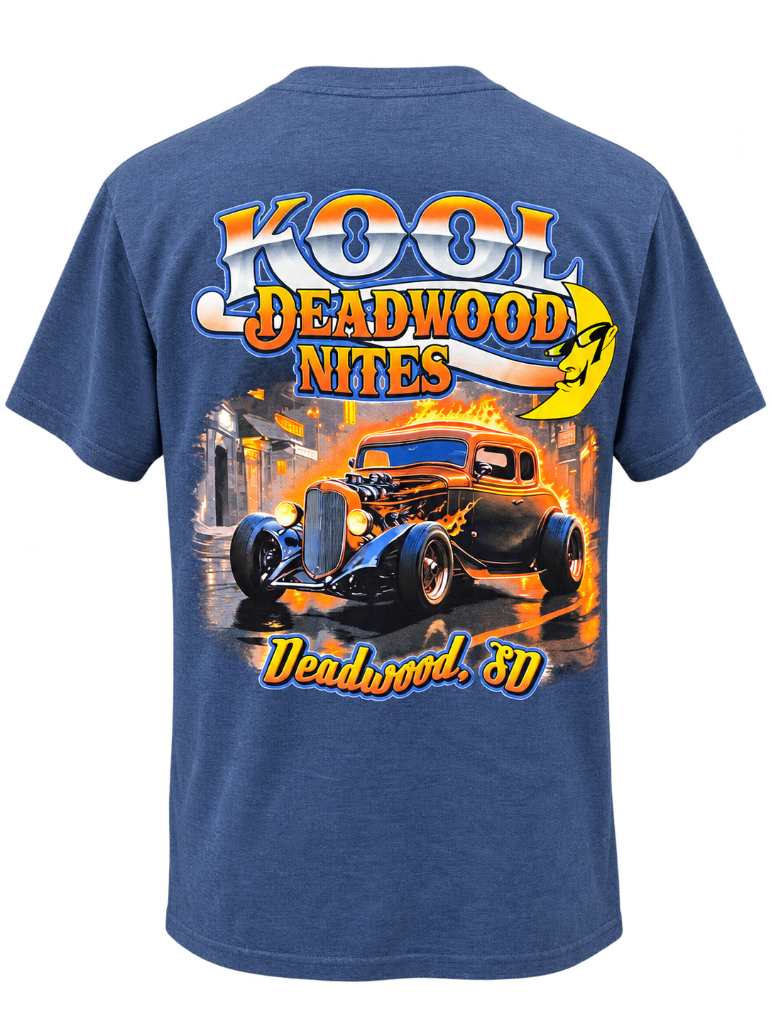 back view of Kool Deadwood Nites non-dated Flame Hot Rod heather blue T-shirt