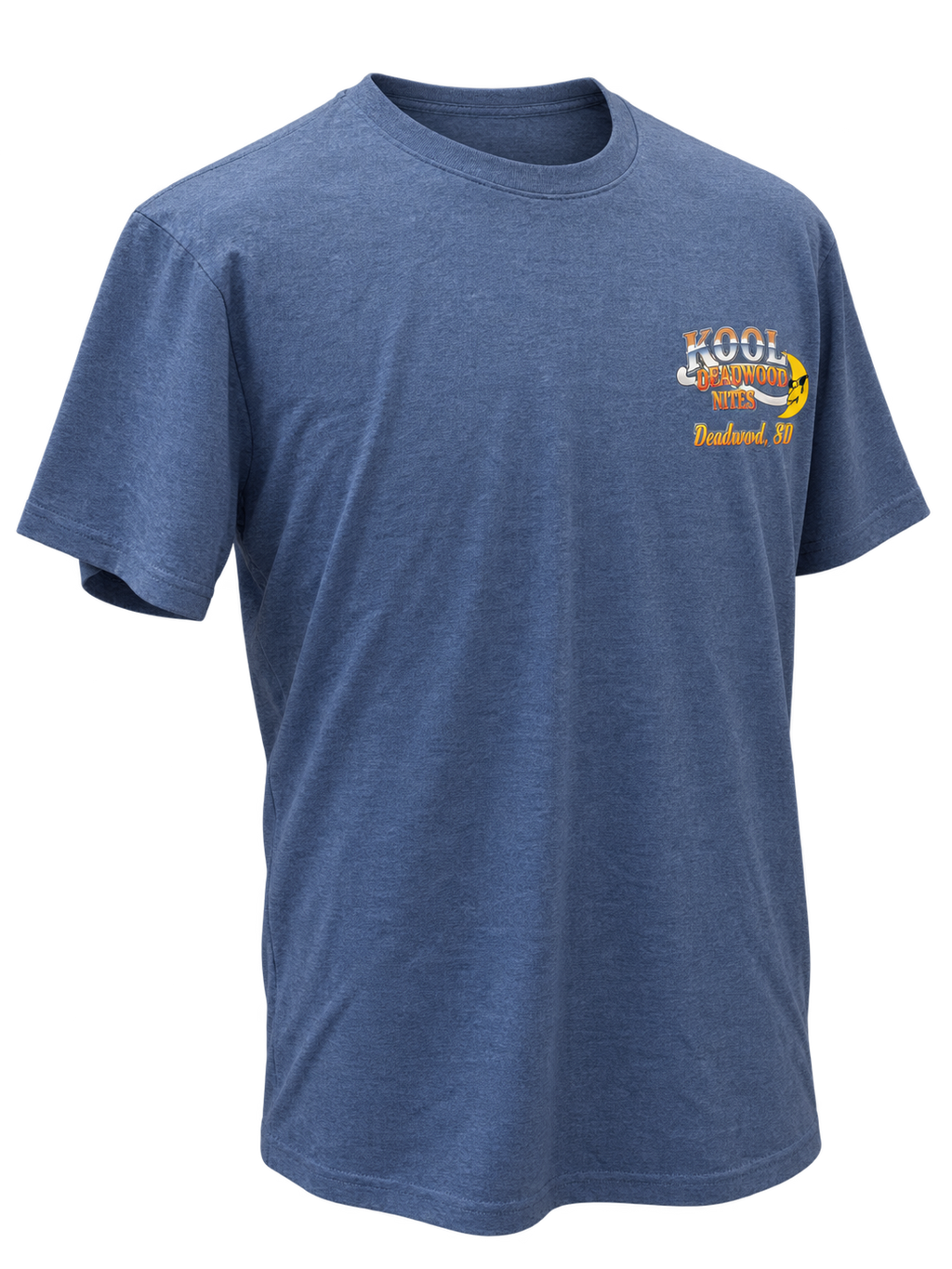 front-angle-other view of Kool Deadwood Nites non-dated Flame Hot Rod heather blue T-shirt