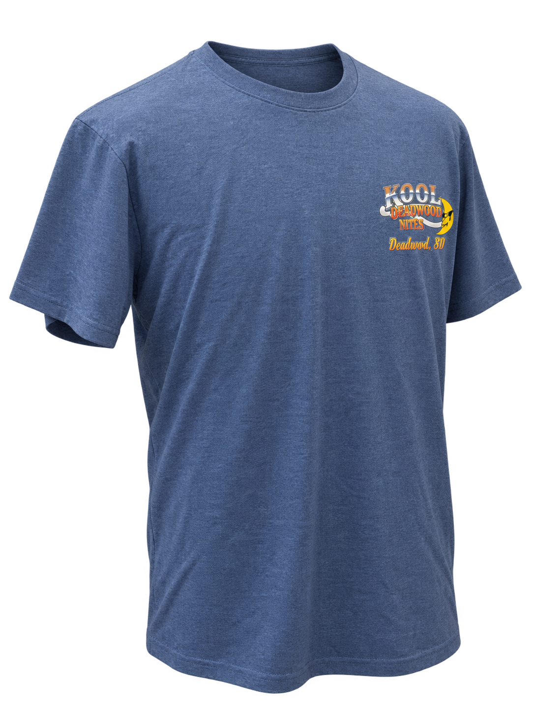 front-angle-other view of Kool Deadwood Nites non-dated Flame Hot Rod heather blue T-shirt