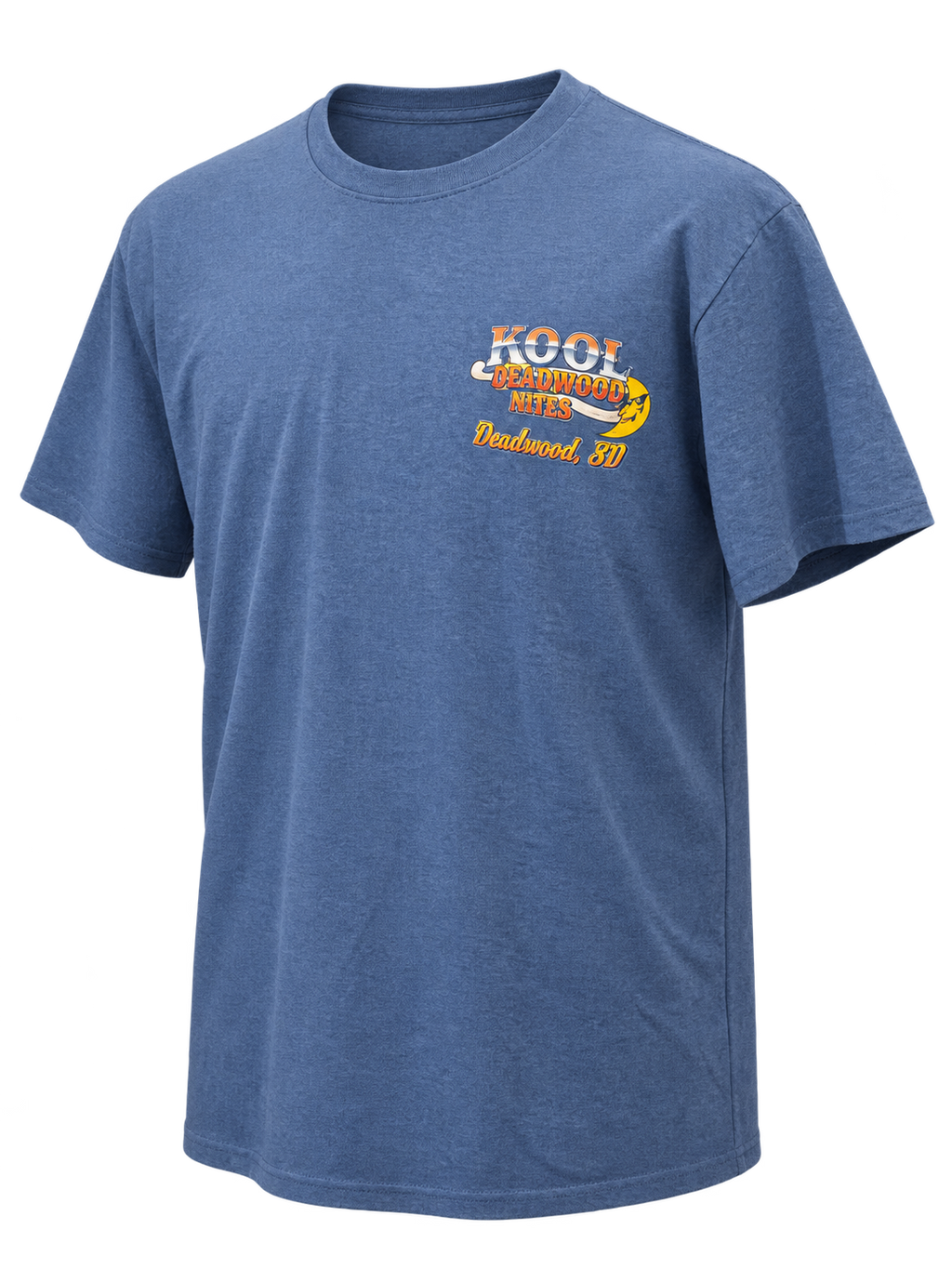 front-angle view of Kool Deadwood Nites non-dated Flame Hot Rod heather blue T-shirt