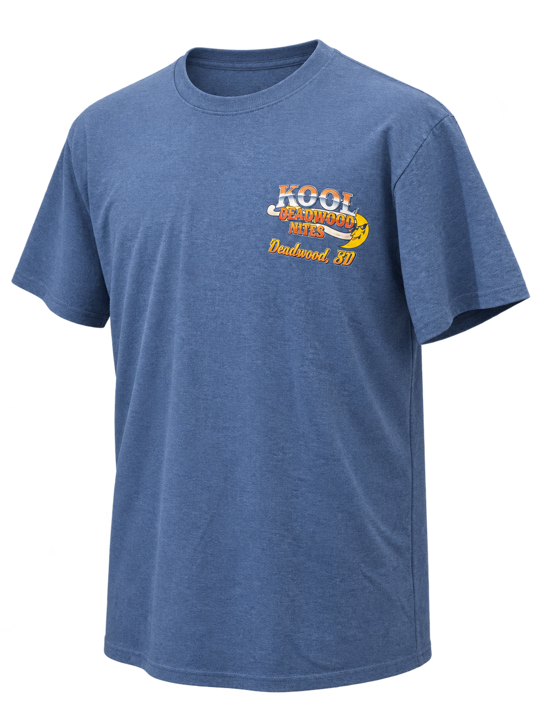 front-angle view of Kool Deadwood Nites non-dated Flame Hot Rod heather blue T-shirt