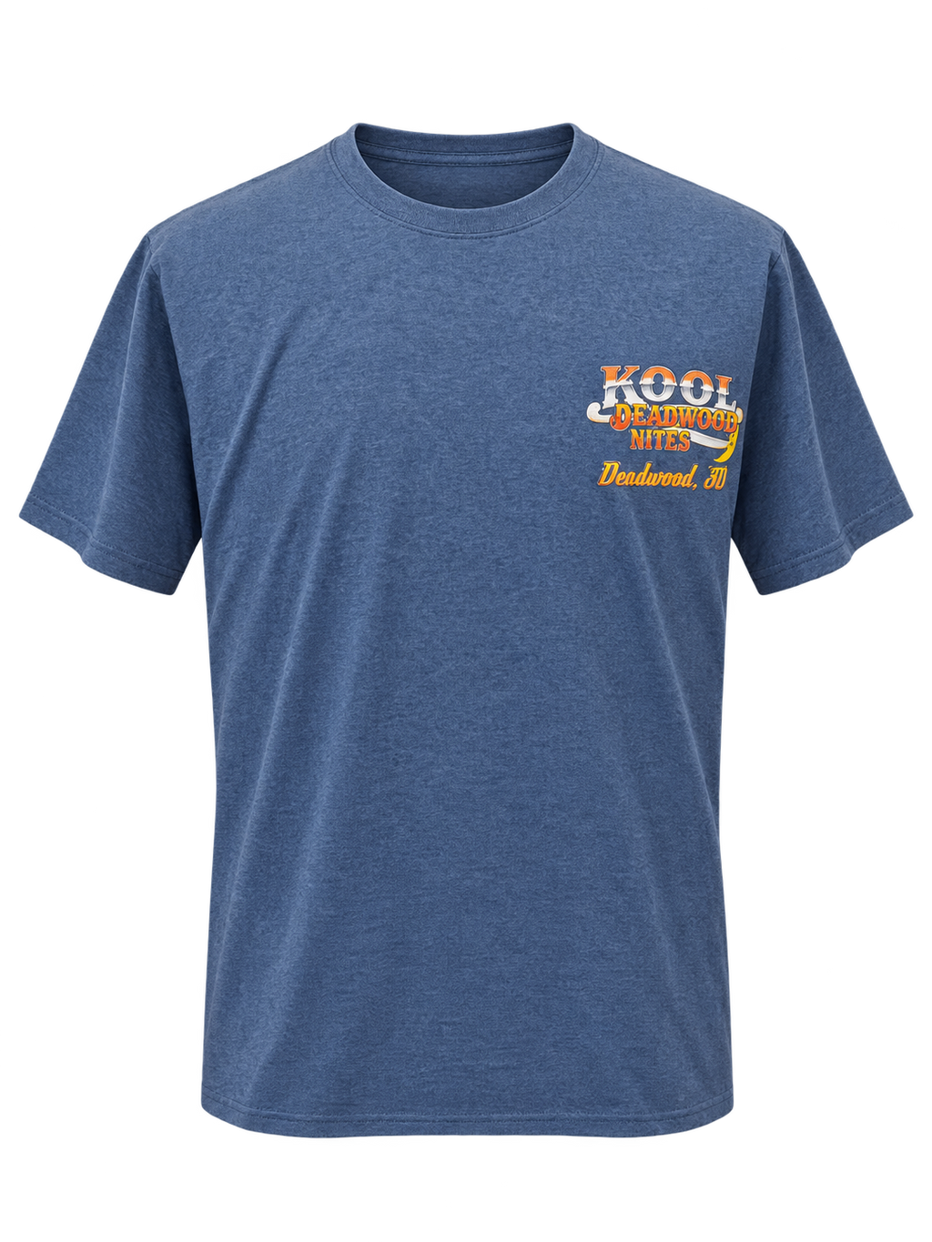 front view of Kool Deadwood Nites non-dated Flame Hot Rod heather blue T-shirt