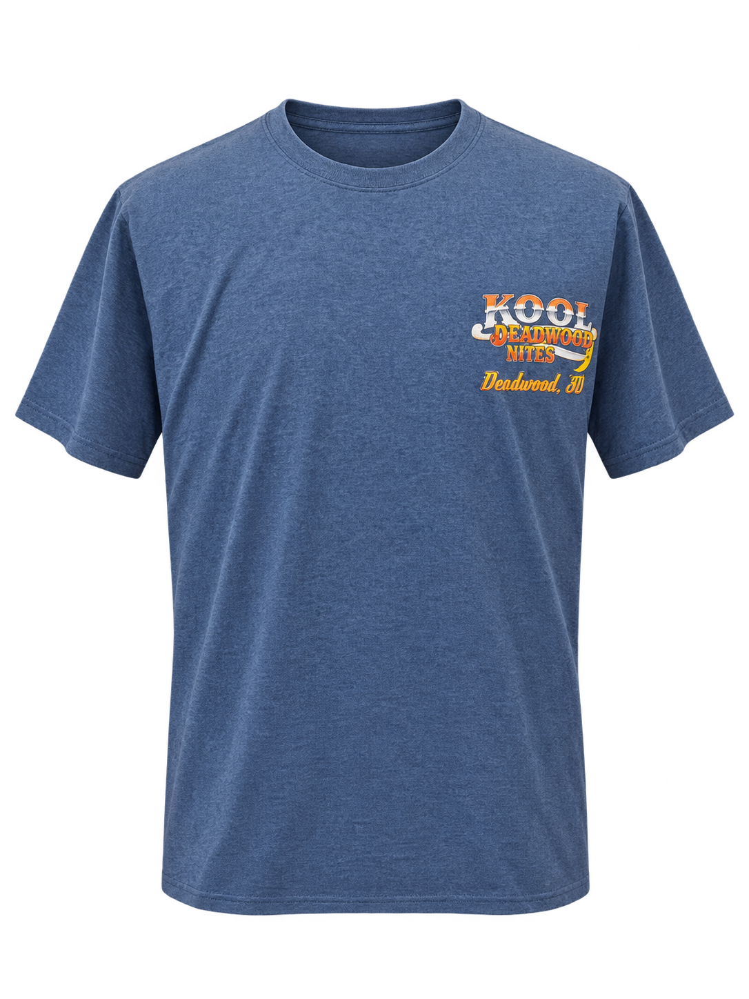 front view of Kool Deadwood Nites non-dated Flame Hot Rod heather blue T-shirt