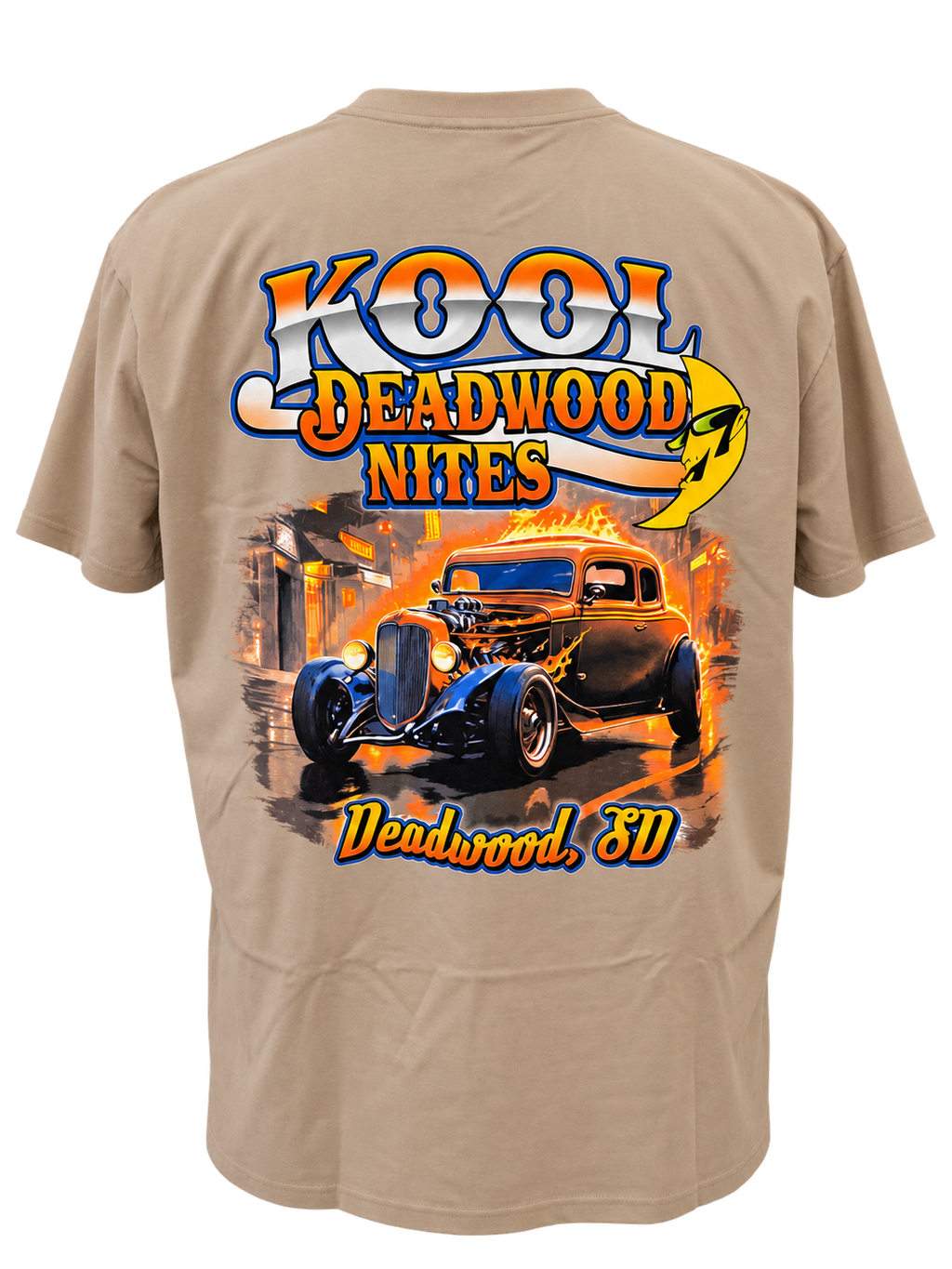 back view of Kool Deadwood Nites non-dated Flame Hot Rod tan T-shirt