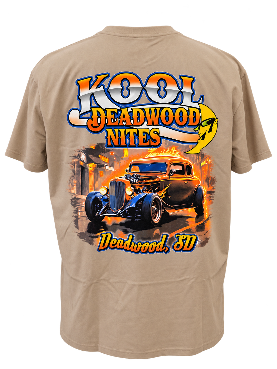 back view of Kool Deadwood Nites non-dated Flame Hot Rod tan T-shirt
