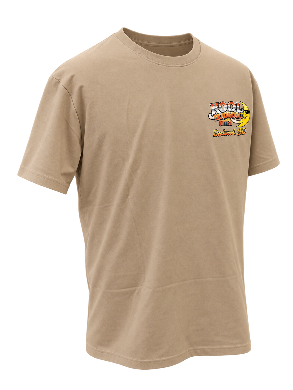 front-angle-other view of Kool Deadwood Nites non-dated Flame Hot Rod tan T-shirt