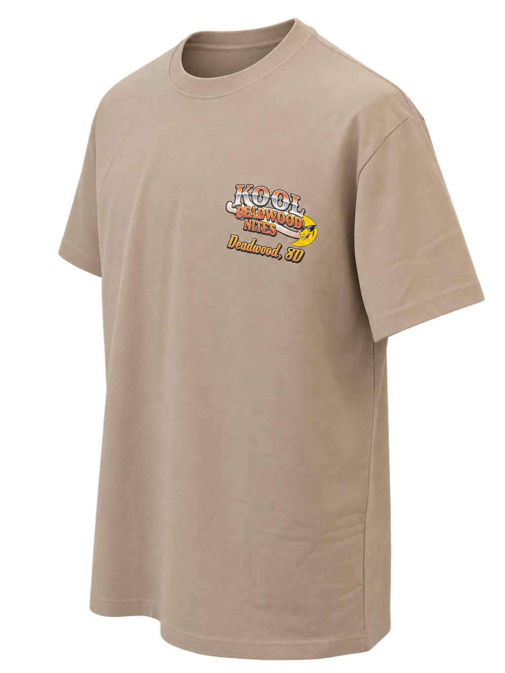 front-angle view of Kool Deadwood Nites non-dated Flame Hot Rod tan T-shirt