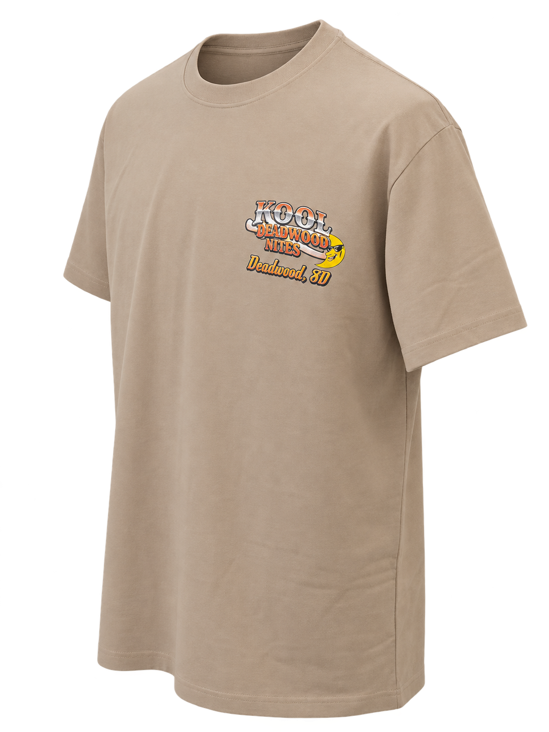 front-angle view of Kool Deadwood Nites non-dated Flame Hot Rod tan T-shirt